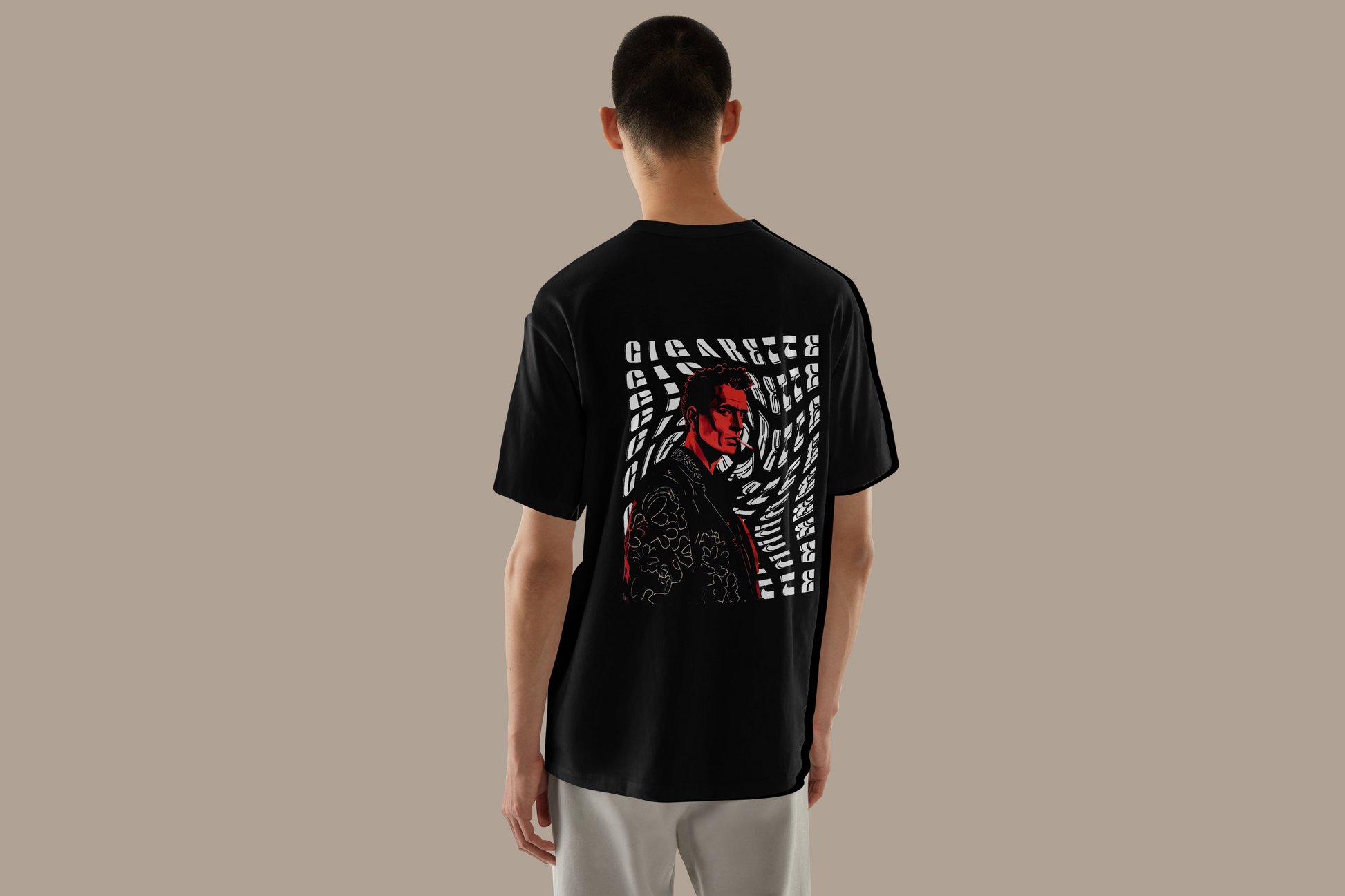Silhouette of a person smoking a cigarette against a distorted, black-and-white abstract background featuring the word 'Cigarettes' repeatedly warped and stretched in bold, stylized typography.