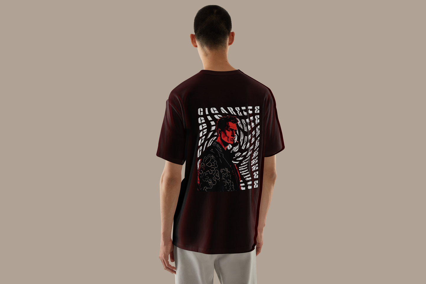 Silhouette of a person smoking a cigarette against a distorted, black-and-white abstract background featuring the word 'Cigarettes' repeatedly warped and stretched in bold, stylized typography In Maroon Color Tshirt