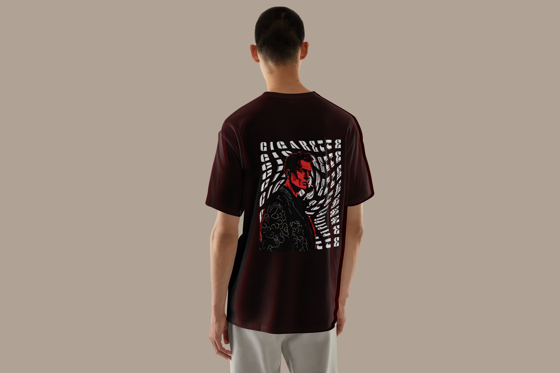 Silhouette of a person smoking a cigarette against a distorted, black-and-white abstract background featuring the word 'Cigarettes' repeatedly warped and stretched in bold, stylized typography In Maroon Color Tshirt