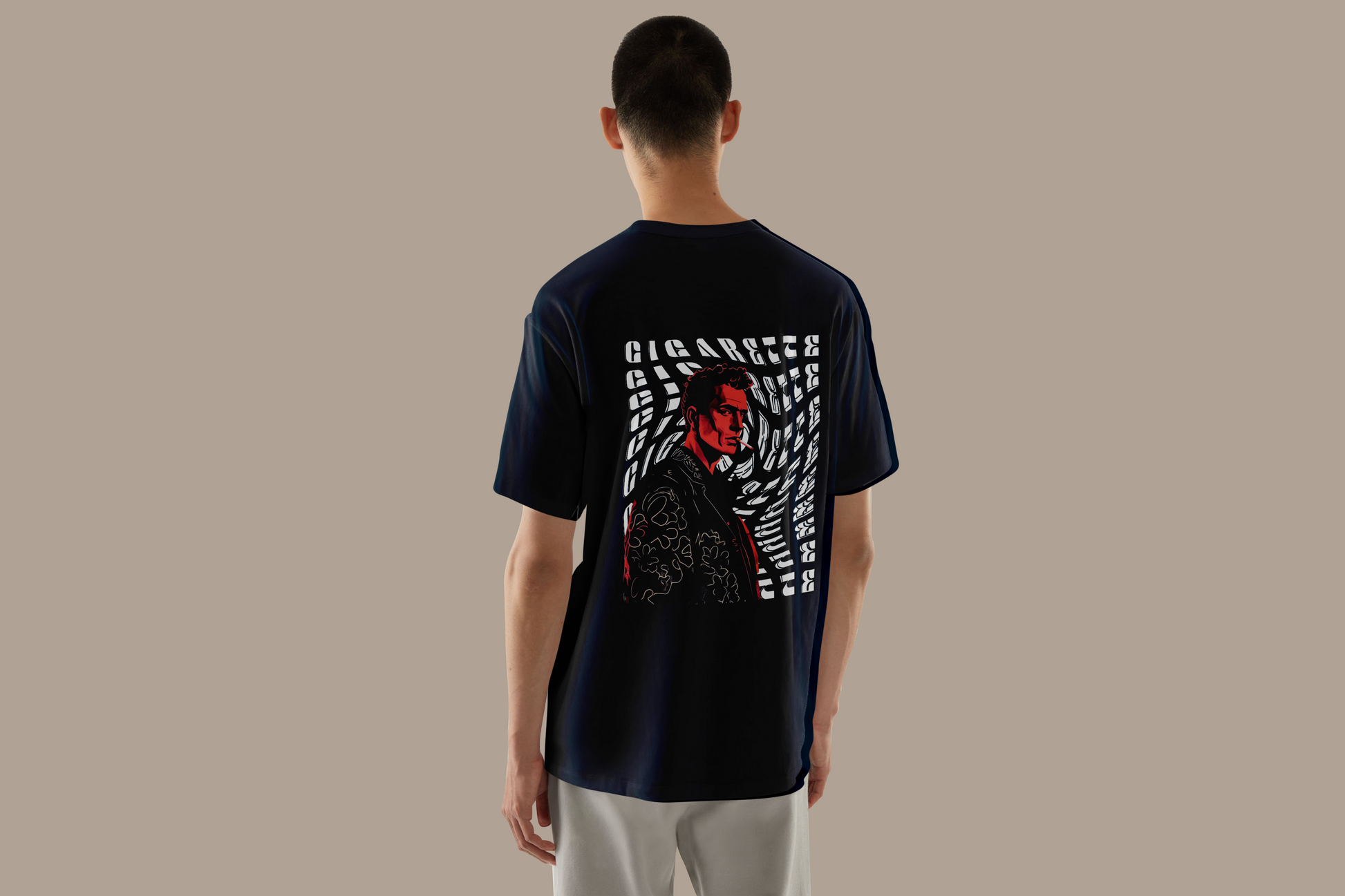 Silhouette of a person smoking a cigarette against a distorted, black-and-white abstract background featuring the word 'Cigarettes' repeatedly warped and stretched in bold, stylized typography In Blue Color Tshirt